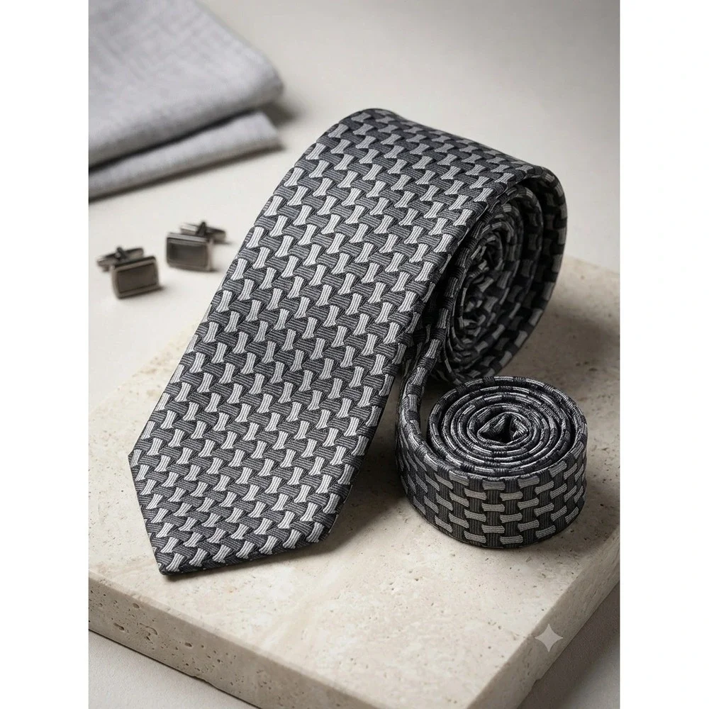 Pierre Balmain Couture Mens Silk Tie Grey Silver Geometric Basketweave Pattern